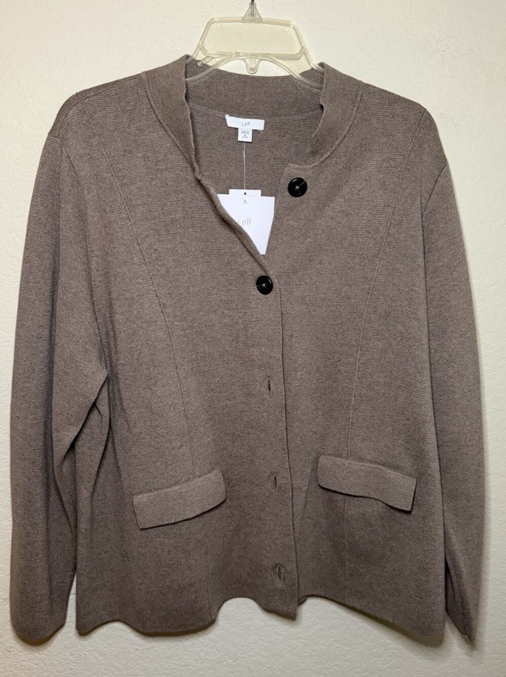 New! J. Jill Mocha Tan Button Front Knit Sweater Jacket XL Petite Collar Pockets